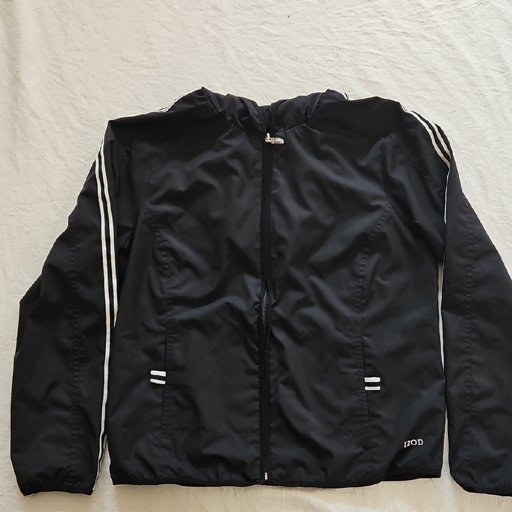 Izod Black Track Jacket with Hood White Stripes and Detailing Size Small